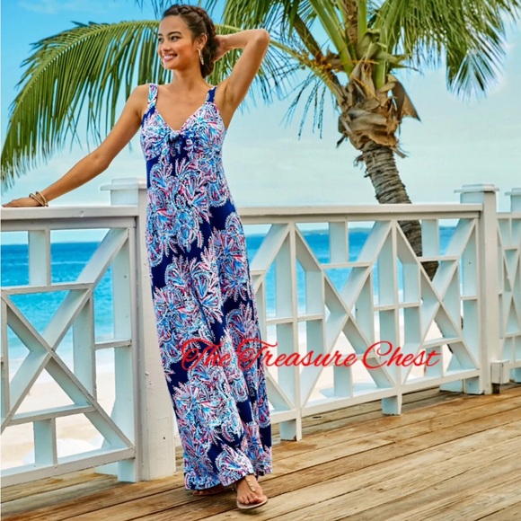 Lilly Pulitzer NWT Maui Maxi Dress Miss Shell Oyster Bay Blue Size 0 - Picture 1 of 12
